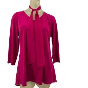Susan Garver woman’s  top tunic Scarf fuchsia pink size medium Sheer trim V Neck